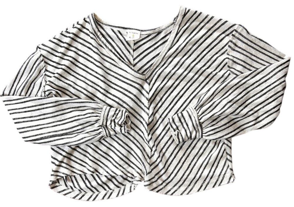 By Together V-Neck Asymmetrical Hem Cinched Wrist Black & White Striped Top S